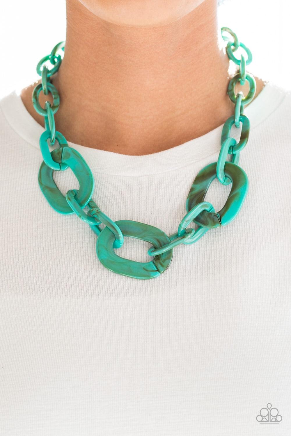 Paparazzi Accessories All In-VINCIBLE - Blue Brushed in a faux-marble finish, bold turquoise links connect below the collar for a statement making look. Features an adjustable clasp closure. Jewelry