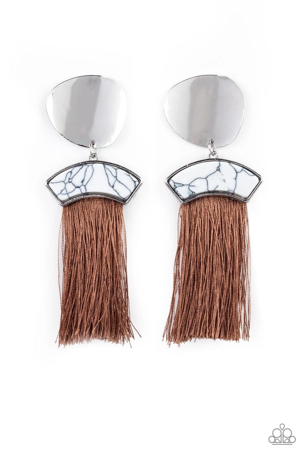 Paparazzi Accessories Insta Inca - Brown A plume of shiny brown thread streams from the bottom of a white stone frame that links with an asymmetrical silver disc, creating flirtatious tassel. Earring attaches to a standard post fitting. Sold as one pair o
