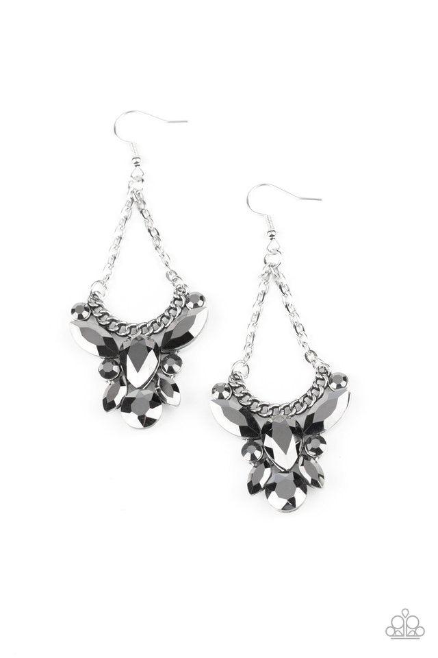 Paparazzi Accessories Bling Bouquets - Silver A glittery collection of round, teardrop, and marquise style hematite rhinestones coalesce at the bottom of a bowing silver chain frame, creating an edgy lure. Earring attaches to a standard fishhook fitting.