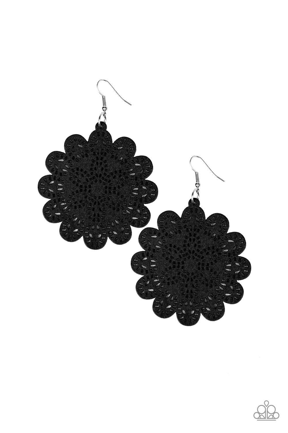 Paparazzi Accessories Coachella Cabaret - Black Brushed in a shiny black finish, a wooden floral frame swings from the ear in a whimsical fashion. Earring attaches to a standard fishhook fitting. Jewelry