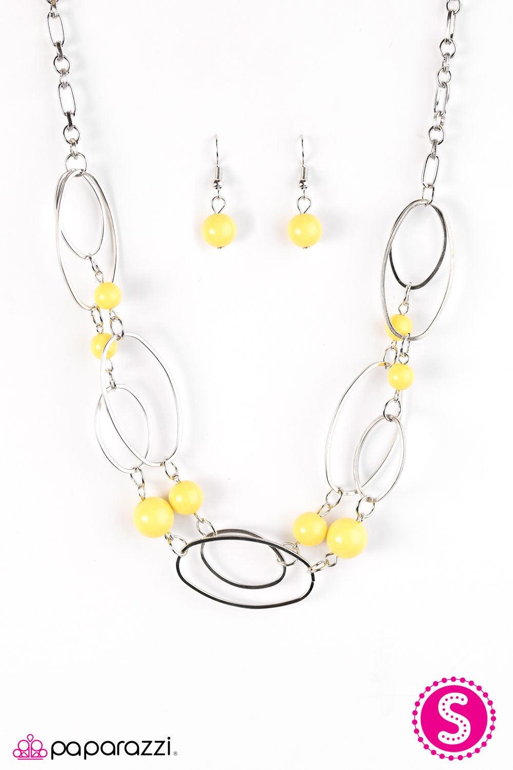 Paparazzi Accessories Glam Theory - Yellow Two rows of polished yellow beads and shimmery silver hoops drape below the collar in glamorous layers. Features an adjustable clasp closure. Jewelry