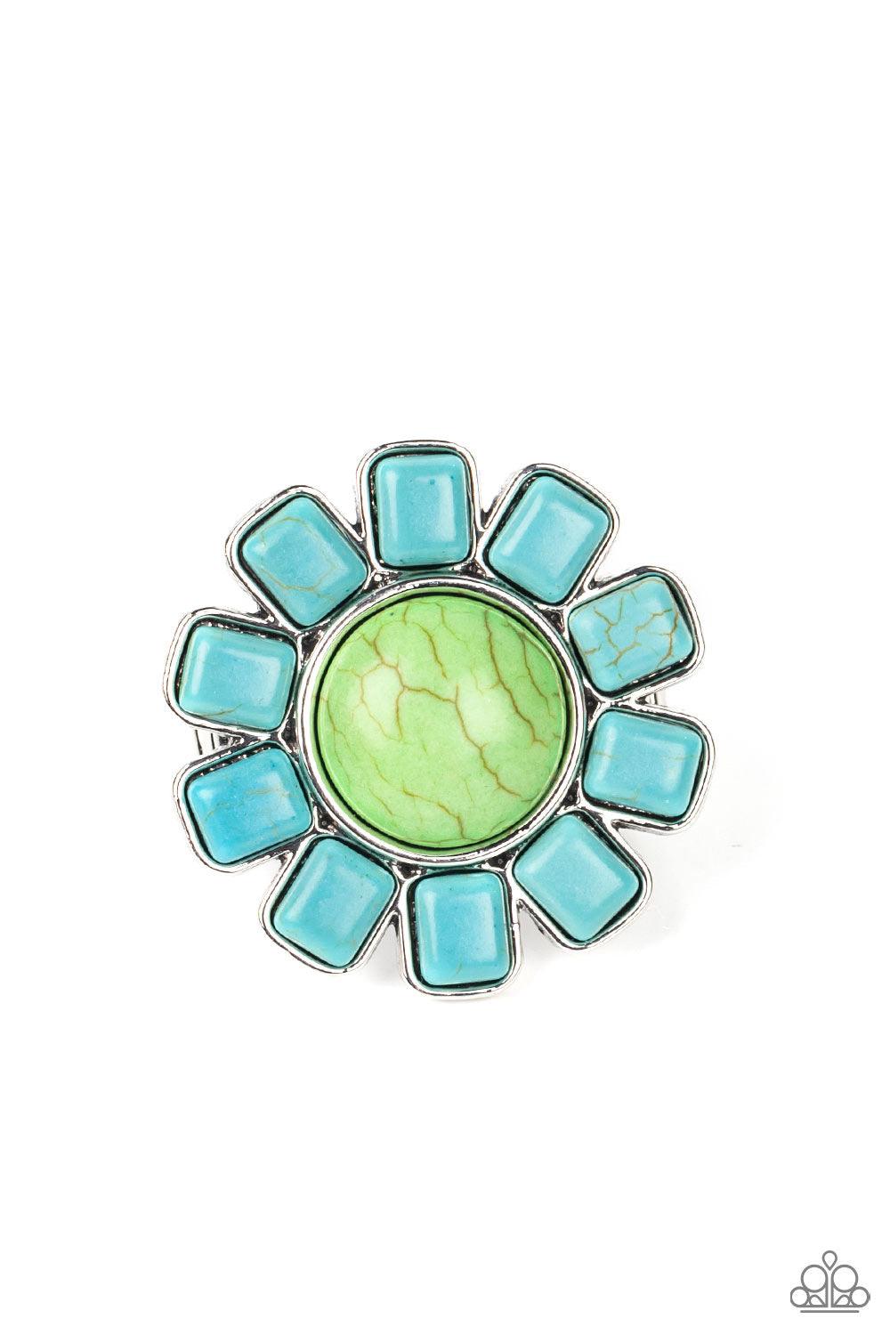 Paparazzi Accessories Mojave Marigold - Green Square cut turquoise stones fan out from an oversized green stone center, blooming into an artisan inspired blossom atop the finger. Features a stretchy band for a flexible fit. Sold as one individual ring. Je