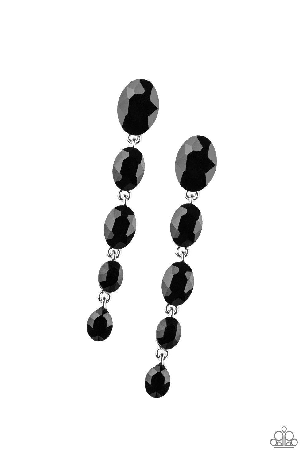 Paparazzi Accessories Red Carpet Radiance - Black Gradually decreasing in size, glittery black gems trickle from the ear in a glamorous fashion. Earring attaches to a standard post fitting. Jewelry