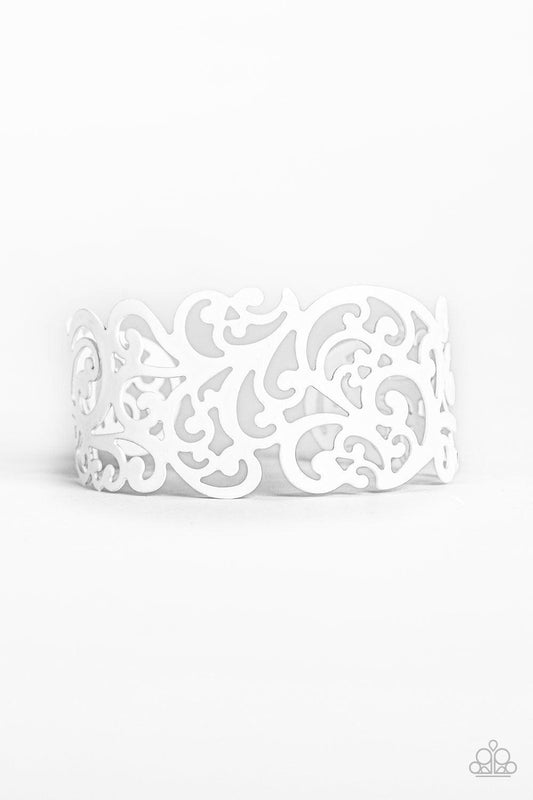 Paparazzi Accessories VINE and Dash - White White vine-like filigree curls around the wrist, coalescing into a seasonal cuff. Sold as one individual bracelet. Jewelry