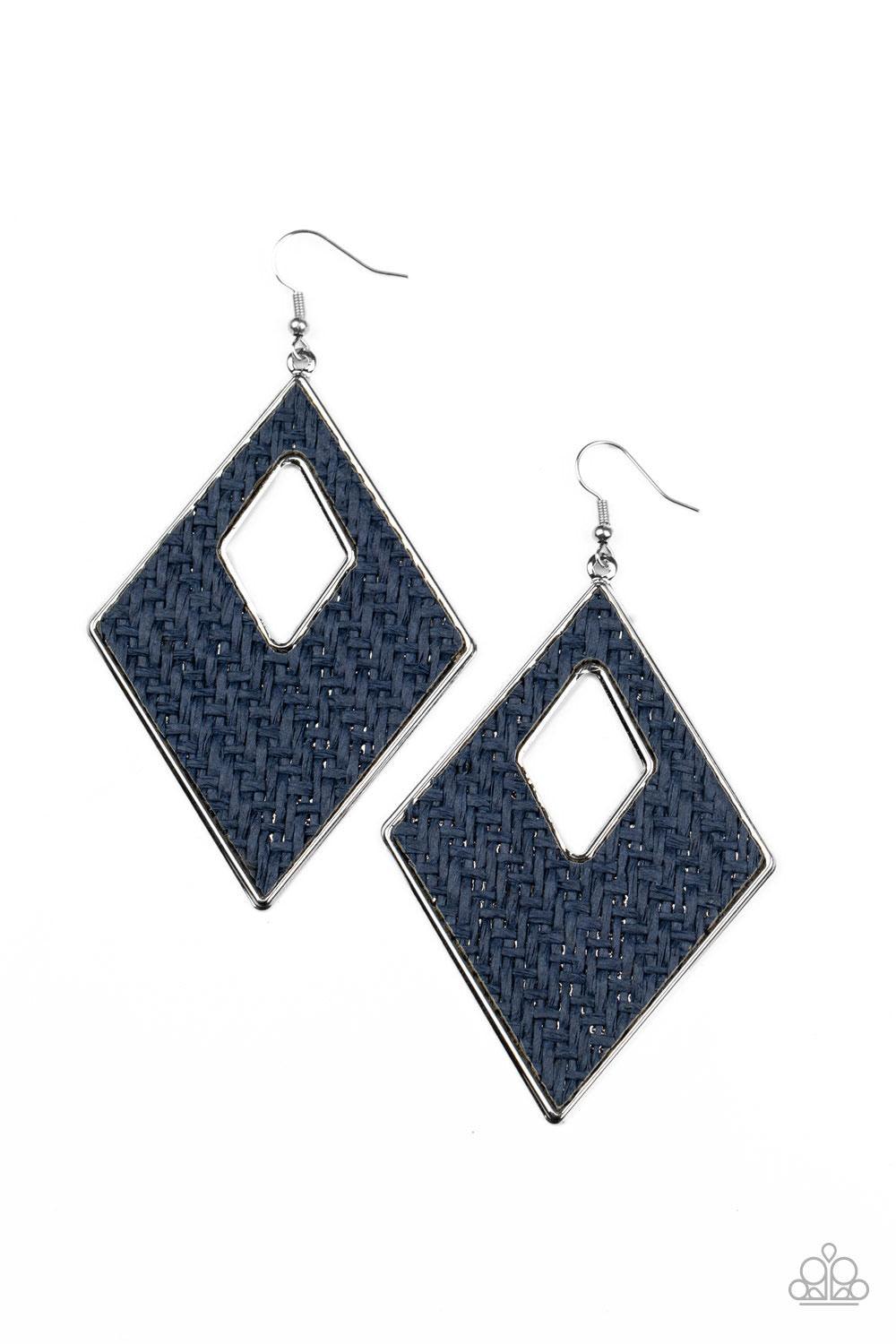 Paparazzi Accessories Woven Wanderer ~Blue Featuring a wicker-like pattern, blue thread weaves across the front of a silver diamond-shape frame for a trendsetting look. Earring attaches to a standard fishhook fitting. Sold as one pair of earrings.