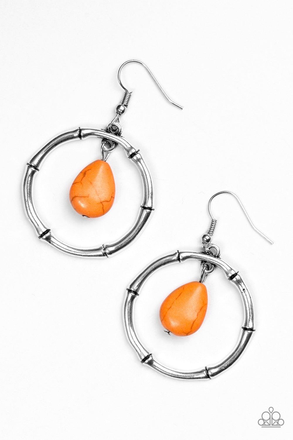 Paparazzi Accessories Stone Style - Orange Chiseled into a tranquil teardrop, an earthy orange stone swings from the top of a textured silver hoop, creating a handcrafted, artisan inspired lure. Earring attaches to a standard fishhook fitting. Jewelry
