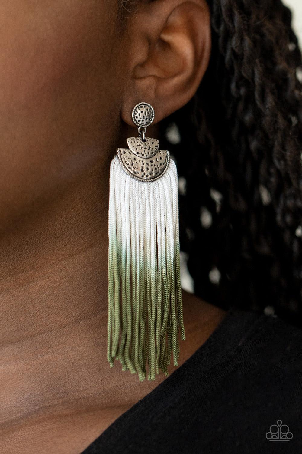 Paparazzi Accessories DIP It Up - Green Gradually fading from white to green, shiny cording streams from the bottom of hammered silver frames, creating a colorful fringe. Earring attaches to a standard post fitting. Sold as one pair of post earrings. Jewe