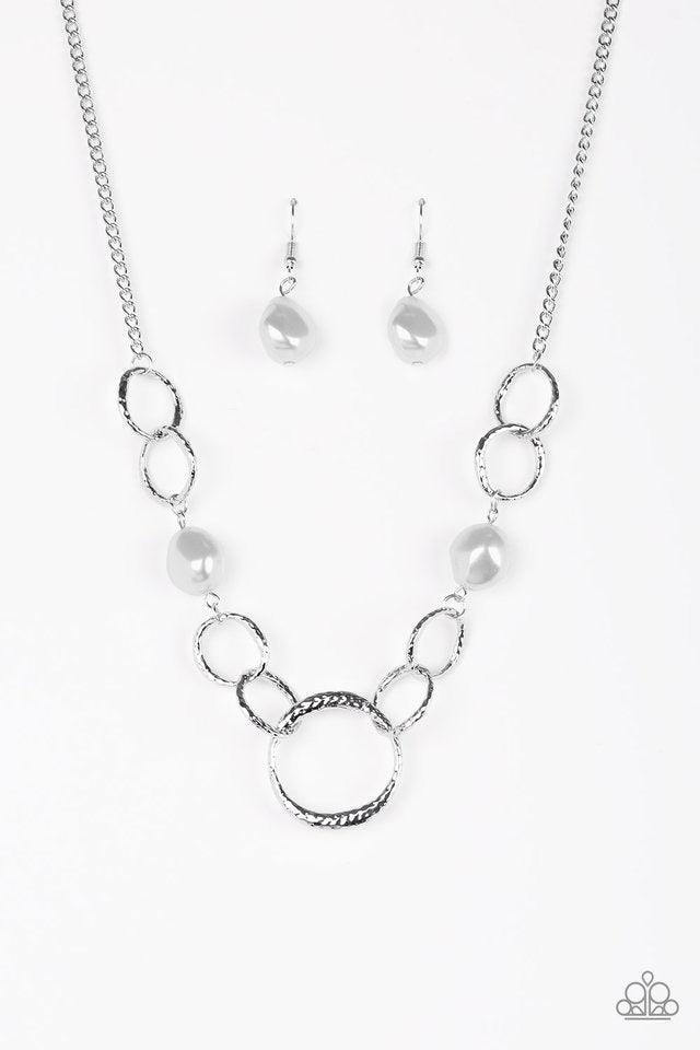 Paparazzi Accessories Lead Role - Silver Pearly silver pebbles join with delicately hammered silver rings below the collar for a refined flair. Features an adjustable clasp closure. Sold as one individual necklace. Includes one pair of matching earrings.