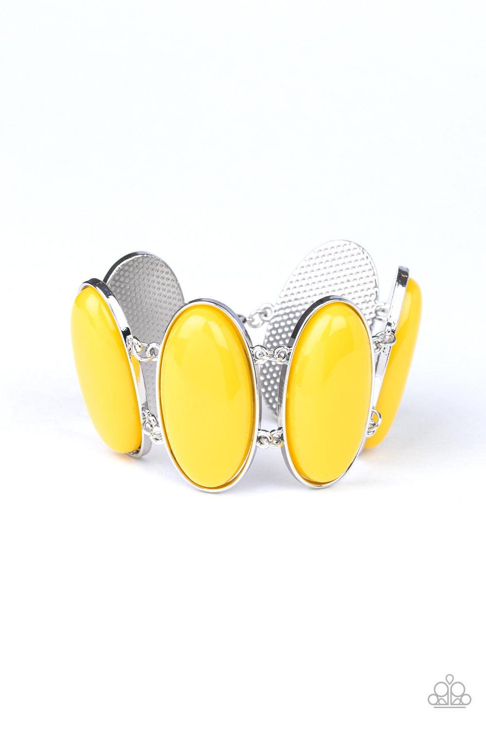 Paparazzi Accessories Power Pop - Yellow Dotted with oblong yellow beaded centers, vibrant silver frames link around the wrist for a powerful pop of color. Features an adjustable clasp closure. Jewelry