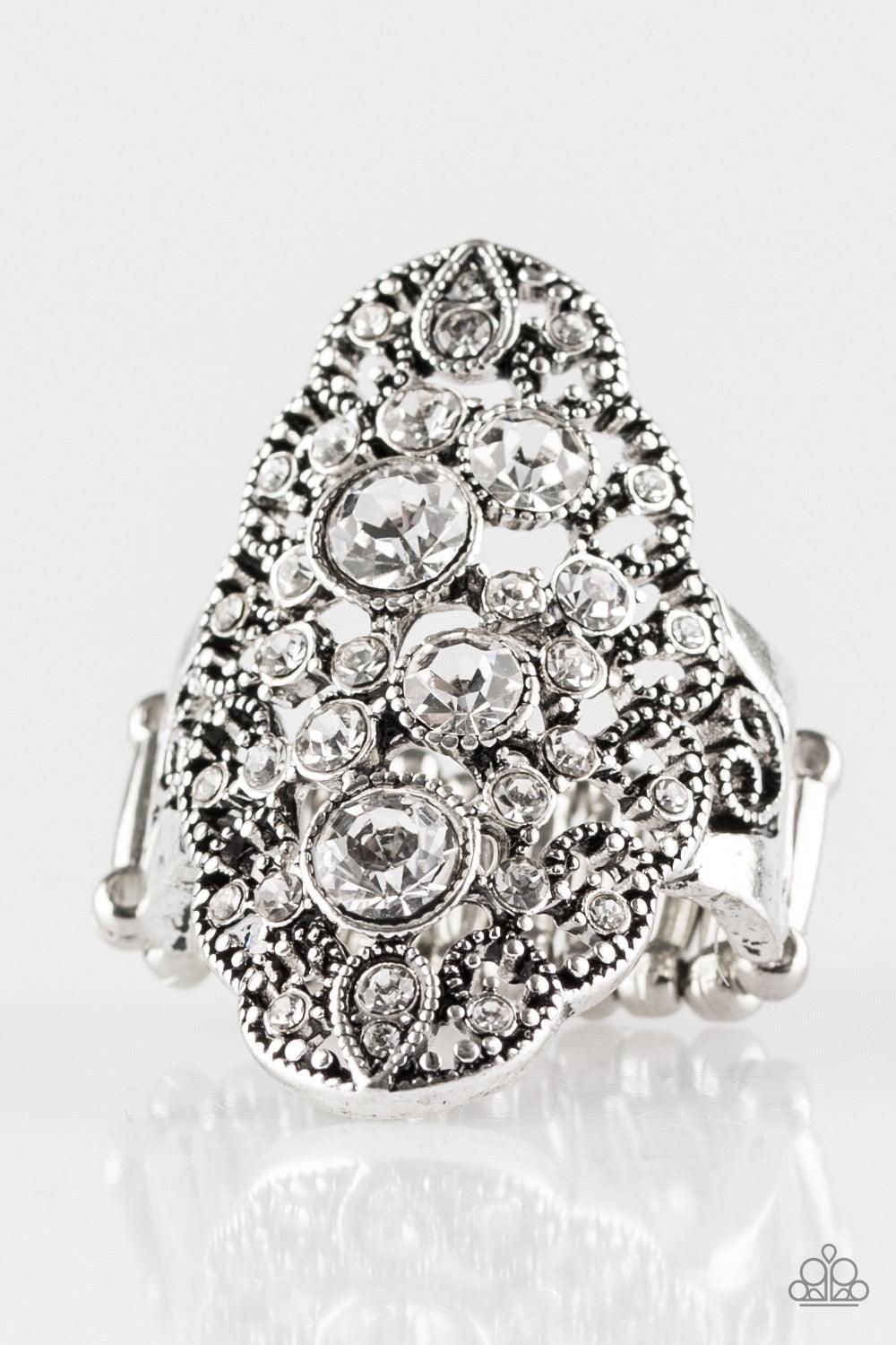 Paparazzi Accessories Make Your Own Fairytale - White Glittery white rhinestones are sprinkled along a vine-like backdrop, creating a whimsical centerpiece. Features a stretchy band for a flexible fit. Jewelry