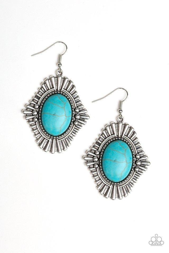 Paparazzi Accessories Easy As A Pioneer - Blue Dotted with studded accents, blunted silver frames flare from a turquoise stone center for a seasonal look. Earring attaches to a standard fishhook fitting. Jewelry
