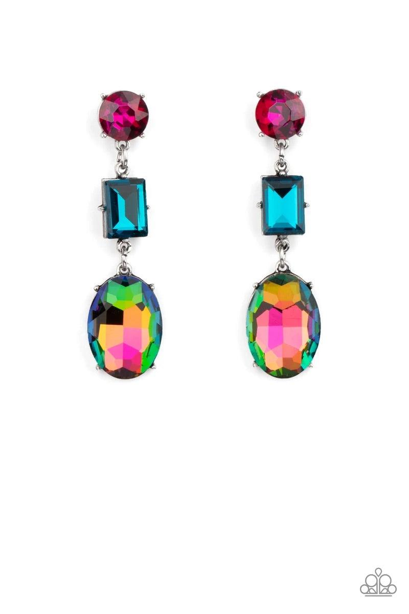 Paparazzi Accessories Extra Envious ~Multi Featuring dramatically oversized designs, a classic round pink, emerald cut blue, and oil spill oval gem glamorously link into a jaw-dropping lure. Earring attaches to a standard post fitting. Sold as one pair of