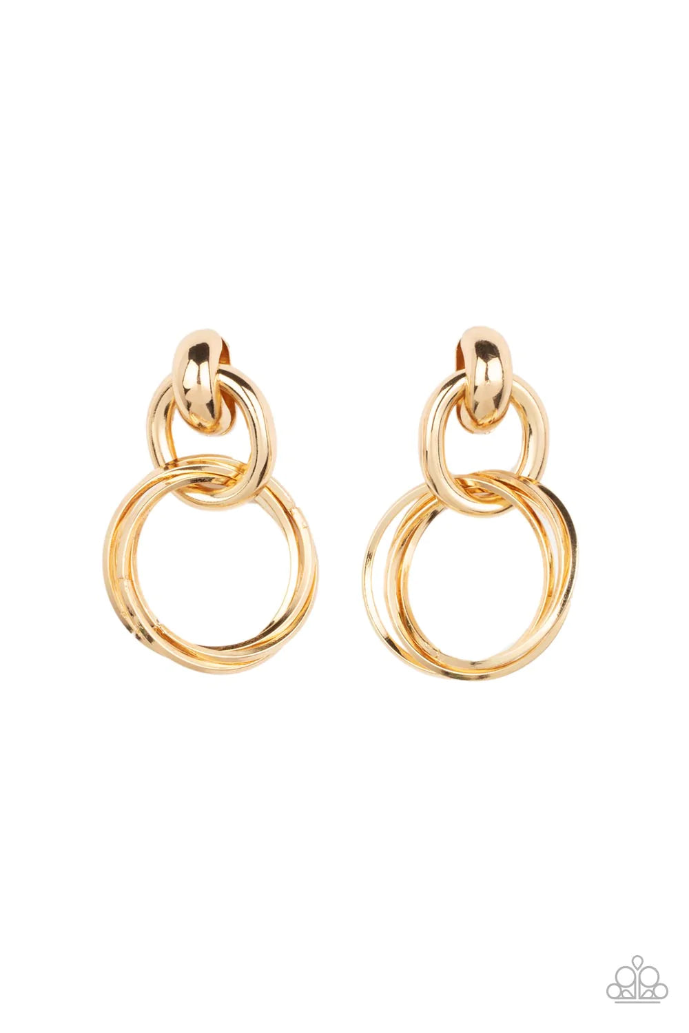 Paparazzi Accessories Dynamically Linked Glistening gold hoops are threaded through a bold gold fitting, adding a timeless twist to the dynamic display. Earring attaches to a standard post fitting. Sold as one pair of post earrings.