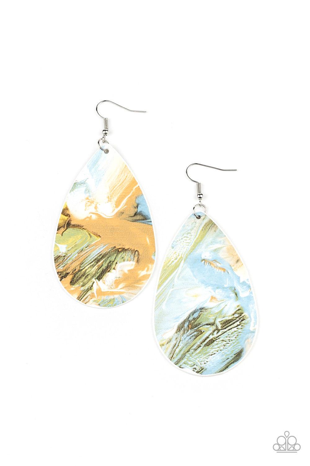 Paparazzi Accessories Mesmerizing Mosaic - Multi Featuring a mosaic of blue, brown, green, and white swirls, a pair of mismatched leathery teardrops swing from the ears for a seasonal flair. Earring attaches to a standard fishhook fitting. Jewelry