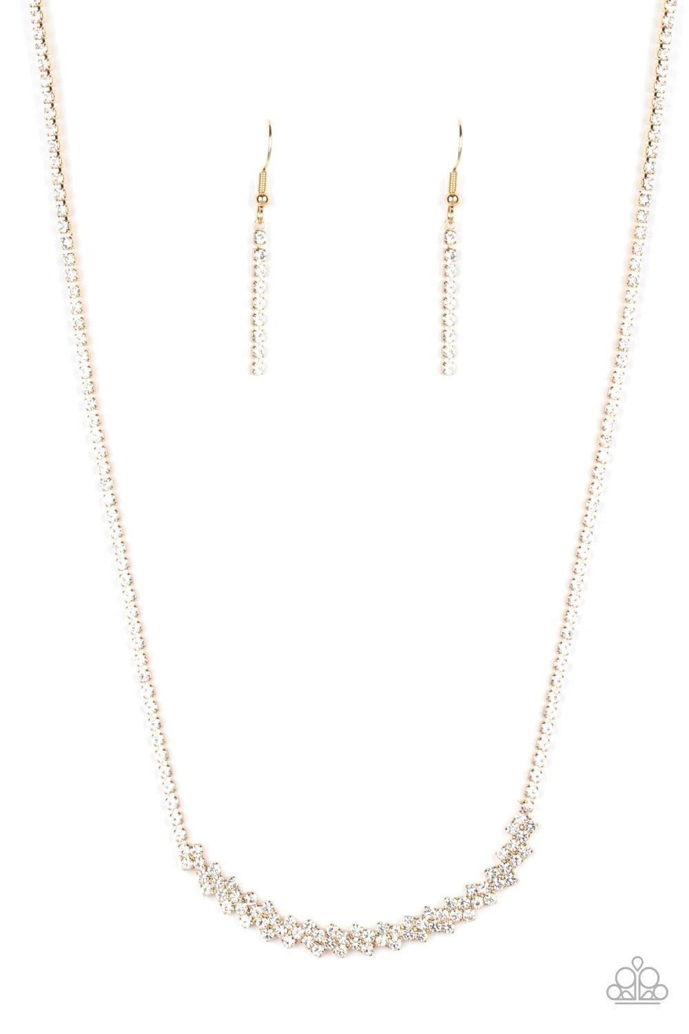 Paparazzi Accessories Glamour Glow - Gold A dainty strand of glittery white rhinestones attach to a bowing pendant encrusted in blinding white rhinestones, creating a glitzy look below the collar. Features an adjustable clasp closure. Sold as one individu