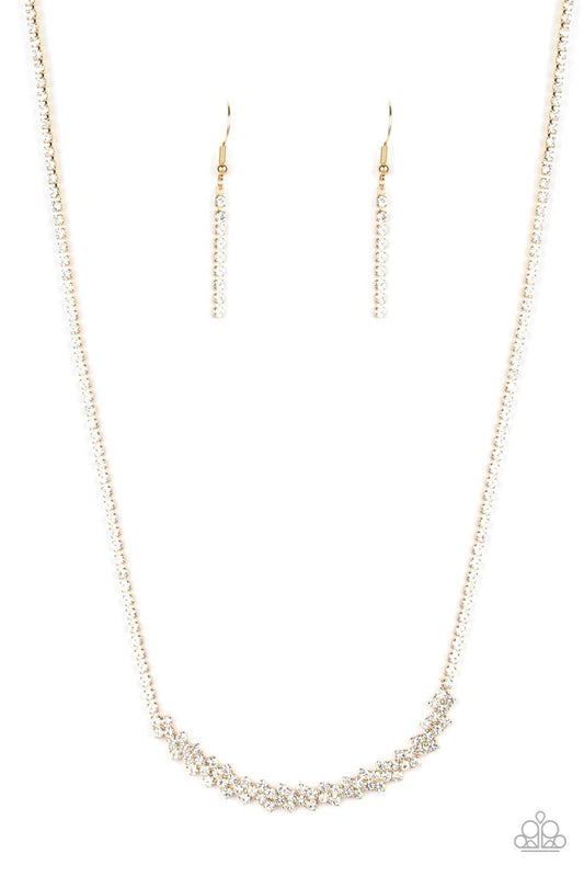 Paparazzi Accessories Glamour Glow - Gold A dainty strand of glittery white rhinestones attach to a bowing pendant encrusted in blinding white rhinestones, creating a glitzy look below the collar. Features an adjustable clasp closure. Sold as one individu