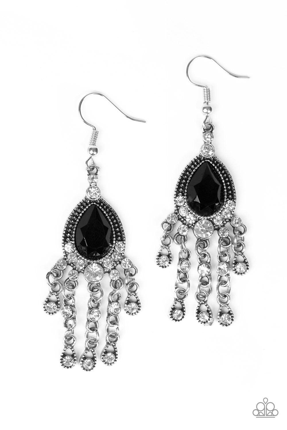 Paparazzi Accessories Bling Bliss - Black Dotted with dainty white rhinestones, silver teardrop frames cascade from the bottom of an oversized black teardrop gem encrusted frame, creating a timeless chandelier. Earring attaches to a standard fishhook fitt