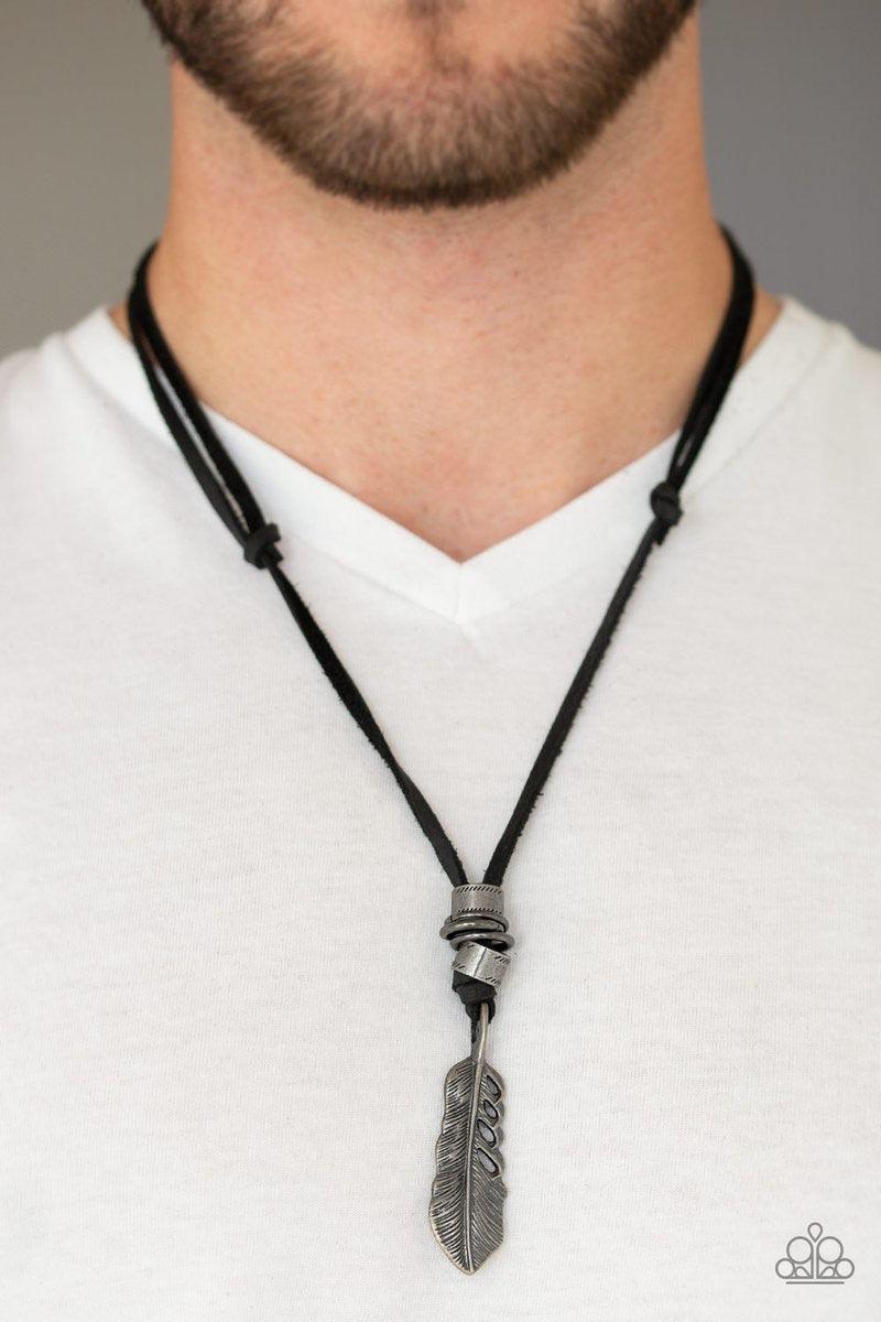Paparazzi Accessories That QUILL Be The Day - Black Infused with antiqued silver beading, a lifelike silver feather pendant is knotted in place below the collar for a seasonal flair. Features an adjustable sliding knot closure. Jewelry