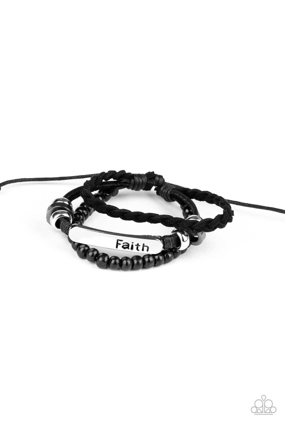 Paparazzi Accessories Let Faith Be Your Guide - Black A strand of black wooden beads and a braided band of black suede flank a piece of beaded leather that features a silver frame stamped in the word, "faith," creating earthy layers around the wrist. Feat