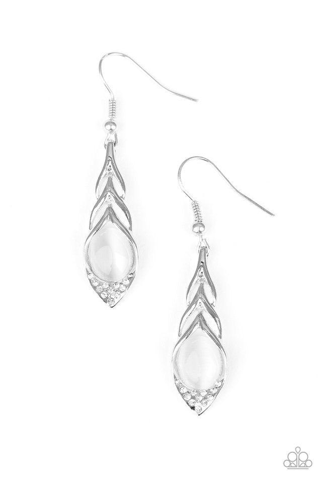 Paparazzi Accessories Soaring Shimmer - White A glowing white moonstone is nestled in the bottom of a feather-like frame, creating a whimsical lure. Earring attaches to a standard fishhook fitting. Jewelry