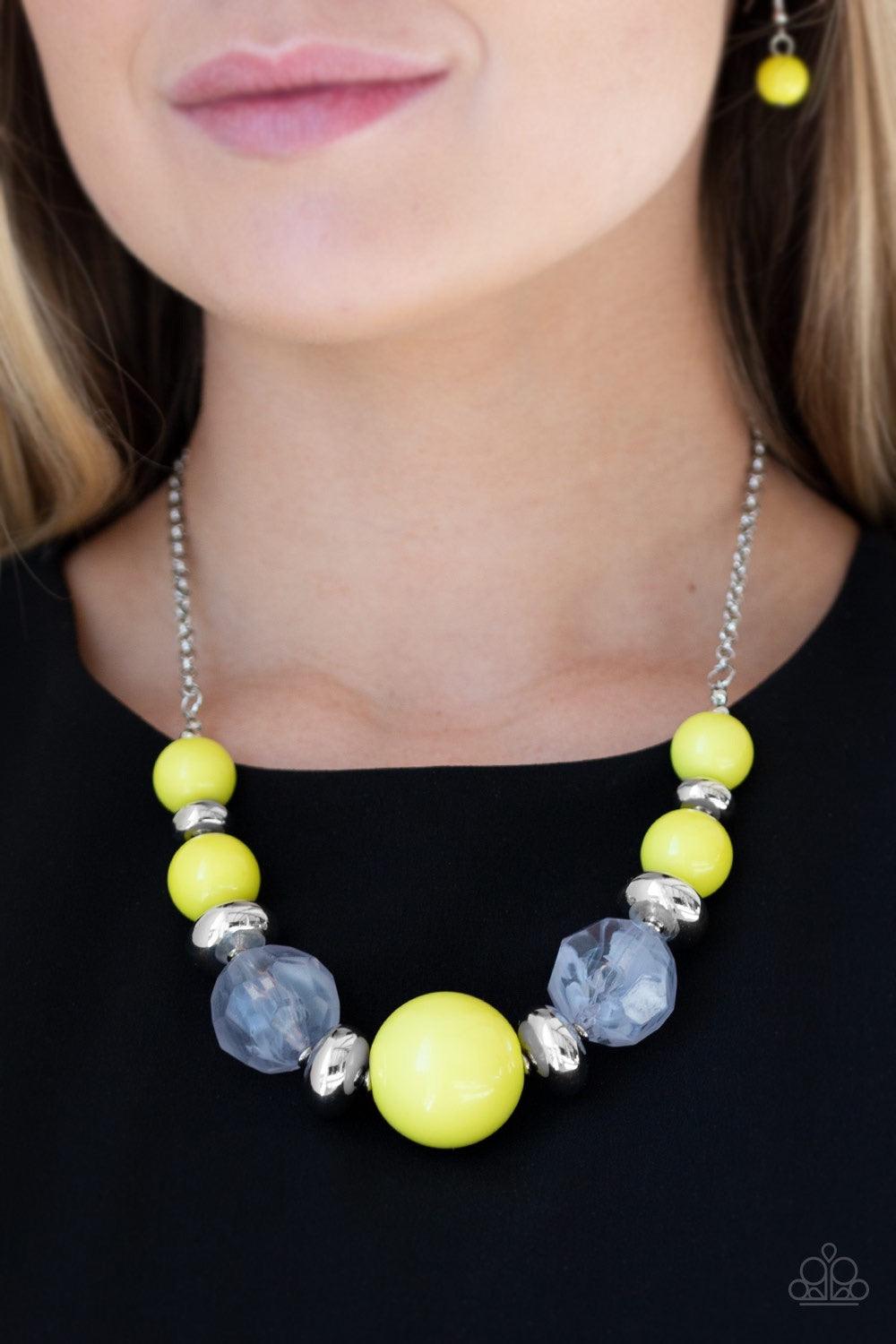 Paparazzi Accessories Daytime Drama - Yellow Gradually increasing in size near the center, a collection of yellow, silver, and cloudy beads join below the collar in a statement making fashion. Features an adjustable clasp closure. Jewelry