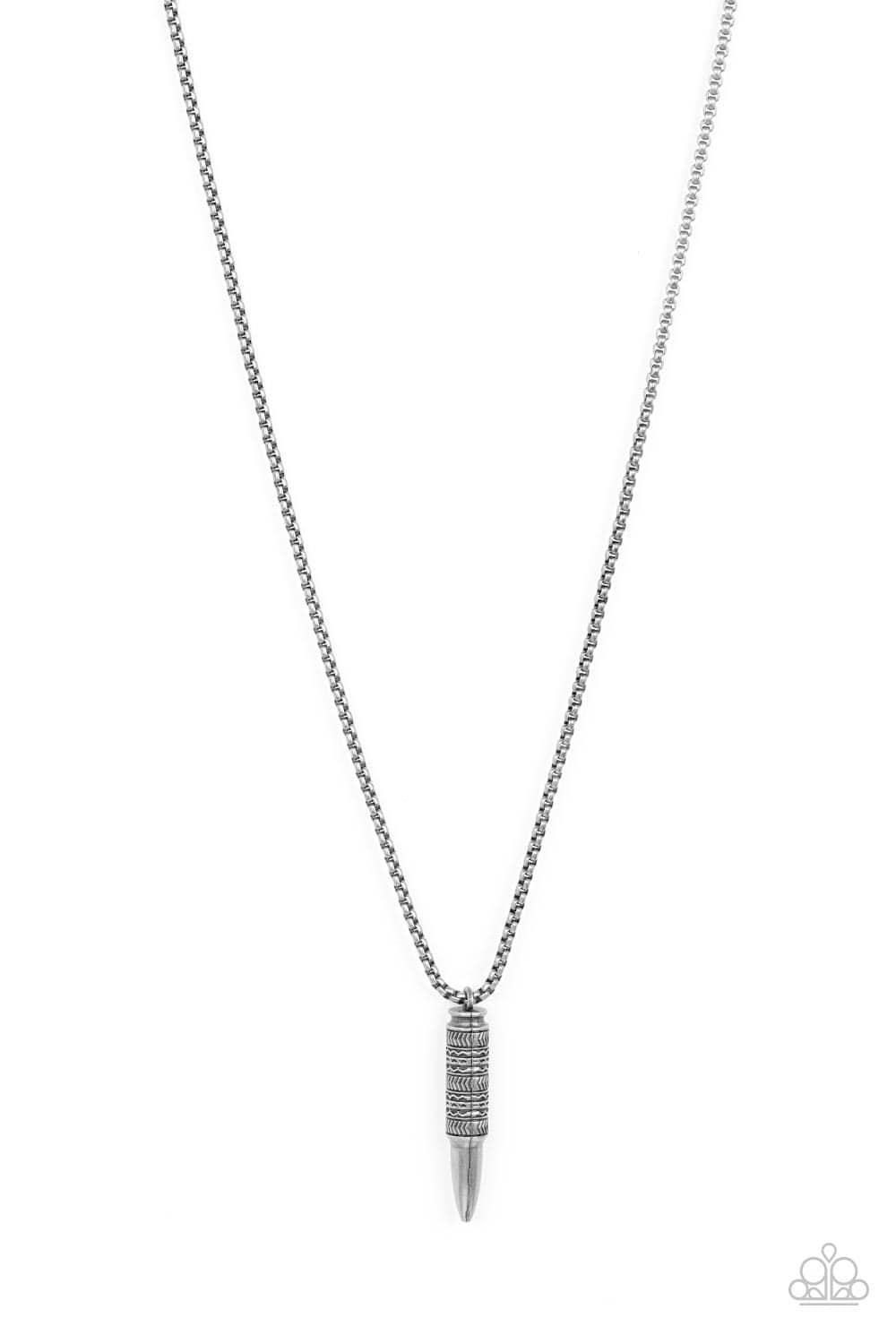Paparazzi Accessories Highland Hunter - Silver A tribal-inspired motif wraps around a silver bullet-shaped pendant at the end of a round silver box chain resulting in a striking ancestral adornment below the collar. Features an adjustable clasp closure. S