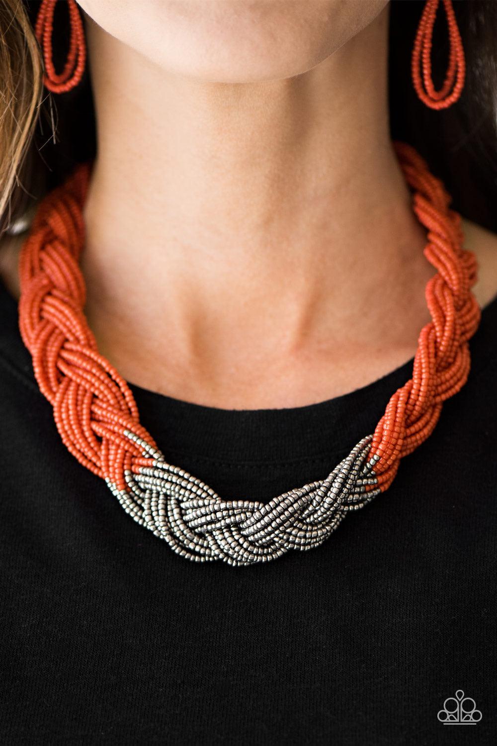 Paparazzi Accessories Brazilian Brilliance - Orange Strands of orange seed beads create an indigenous braid below the collar. The orange seed beads gradually morph into metallic silver beads at the center for a chic contrasting look. Features an adjustabl