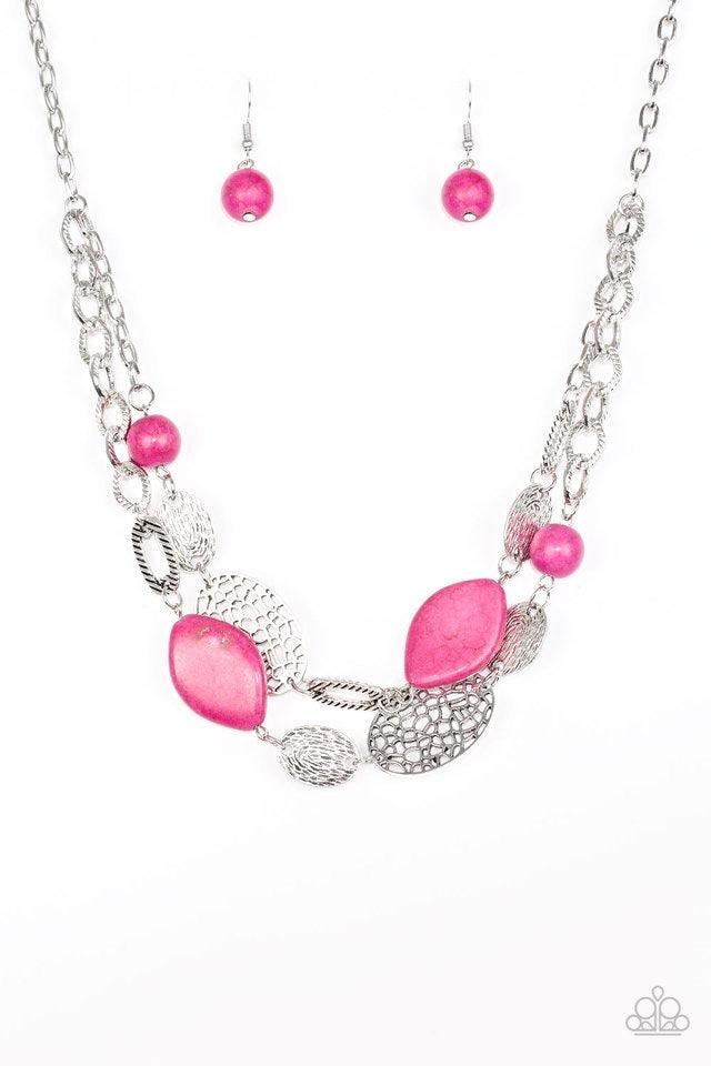 Paparazzi Accessories Second Nature - Pink Etched in shimmery textures, a chunky silver chain gives way to a collection of vivacious pink stones and hammered silver accents. Each featuring patterns derived from nature, the glistening discs join into a lay