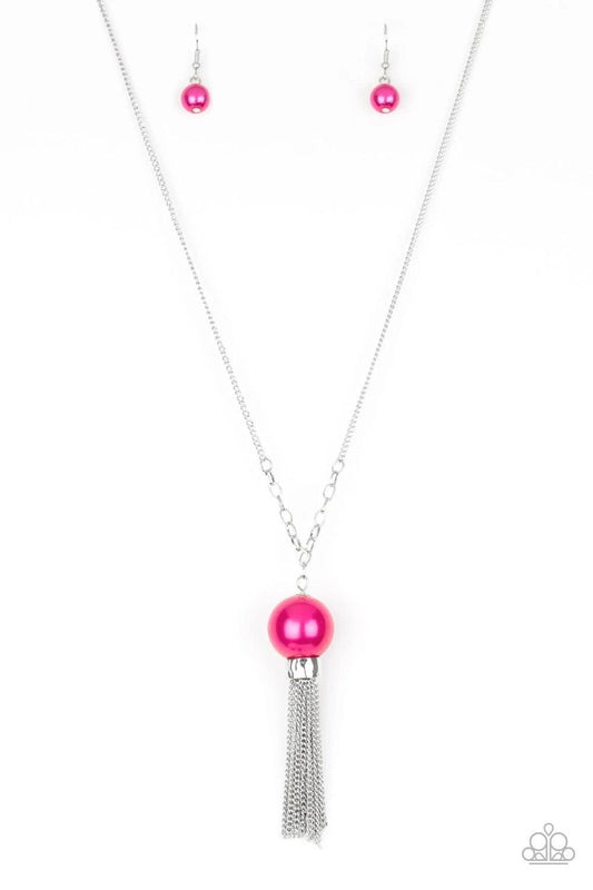 Paparazzi Accessories Belle Of The BALLROOM - Pink A dramatic pearly Granita bead swings from the bottom of an elegantly elongated silver chain. Featuring a hammered fitting, a silver tassel streams from the bottom of the colorful pendant for a whimsical