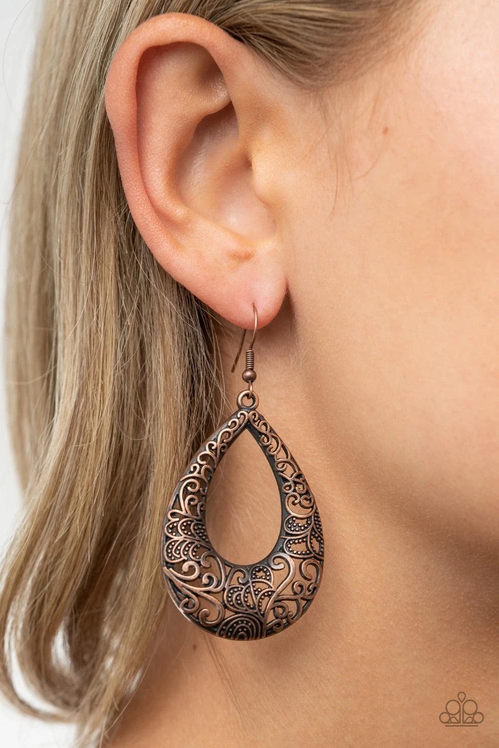 Paparazzi Accessories Get Into The GROVE - Copper Smooth and dotted copper filigree climbs a copper teardrop, coalescing into a whimsical frame. Earring attaches to a standard fishhook fitting. Sold as one pair of earrings. Jewelry