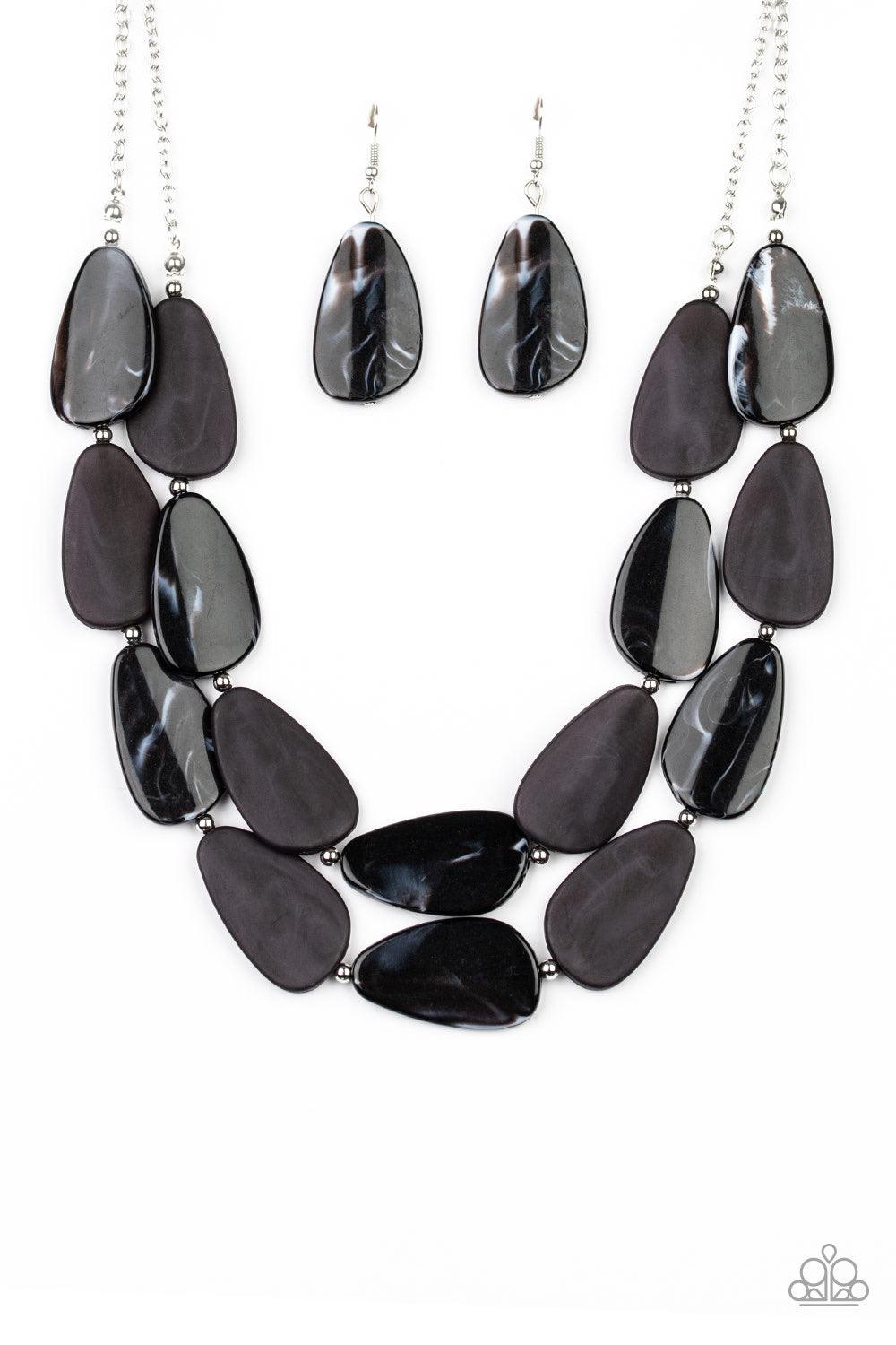 Paparazzi Accessories Colorfully Calming - Black Featuring a faux marble finish, asymmetrical black teardrops and dainty silver beads are threaded along invisible wire, creating two serene layers below the collar. Features an adjustable clasp closure. Sol