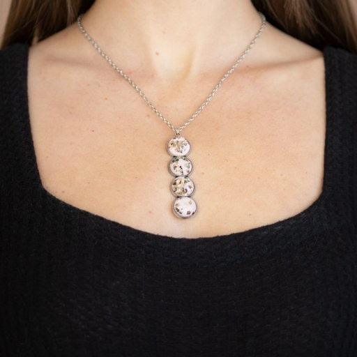 Paparazzi Accessories Confetti and Cocktails - Pink Featuring flecks of iridescent shell-like accents, four glassy pink beads stack into a dazzling pendant at the bottom of a shimmery silver chain for an effervescent look. Features an adjustable clasp clo