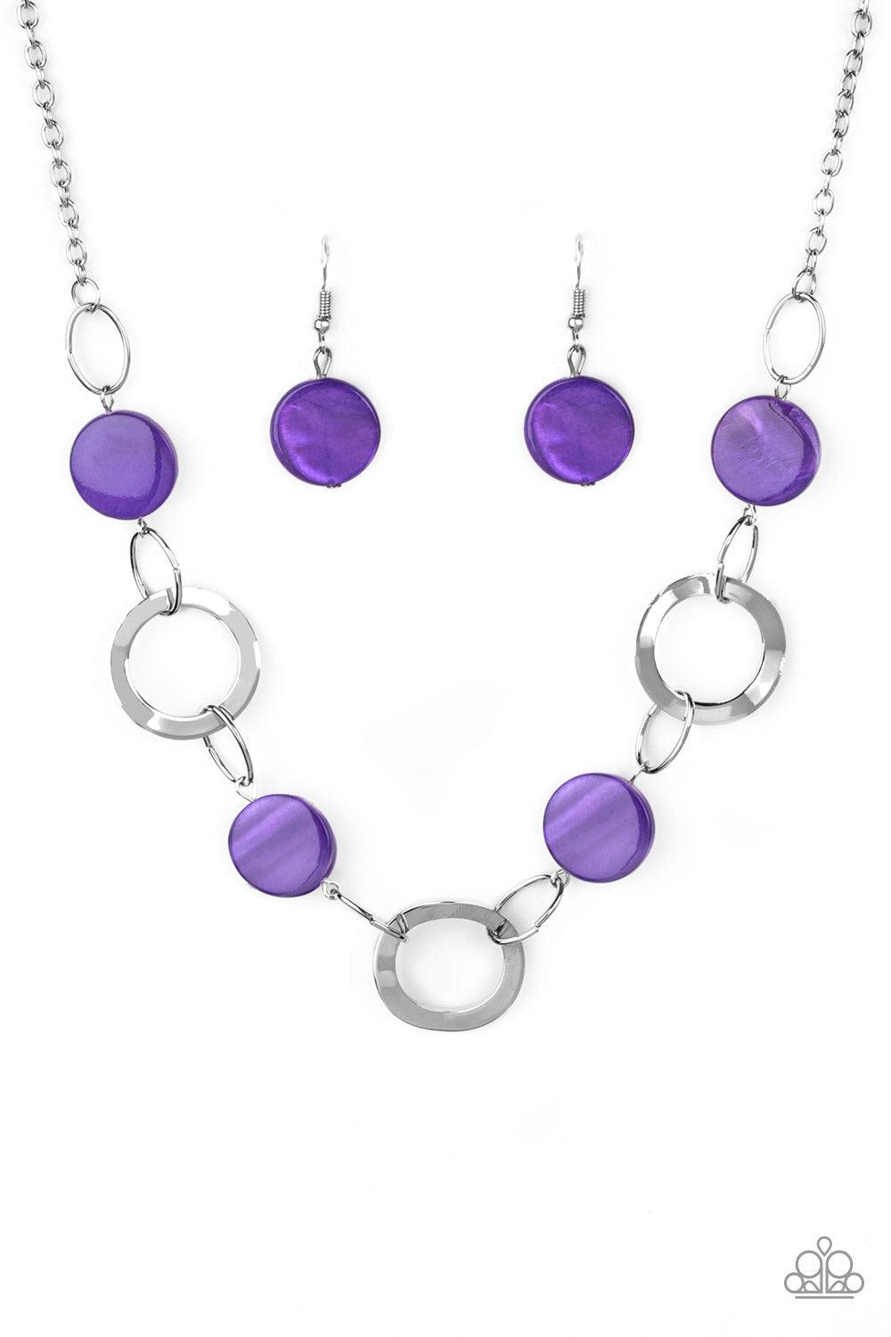Paparazzi Accessories Bermuda Bliss - Purple Purple shell-like discs link with asymmetrical silver hoops below the collar for a colorfully seasonal look. Features an adjustable clasp closure. Jewelry