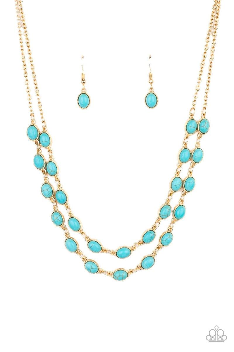 Paparazzi Accessories Sahara Safari - Blue Encased in studded gold frames, two rows of oval turquoise stones delicately connect below the collar for a seasonal flair. Features an adjustable clasp closure. Sold as one individual necklace. Includes one pair