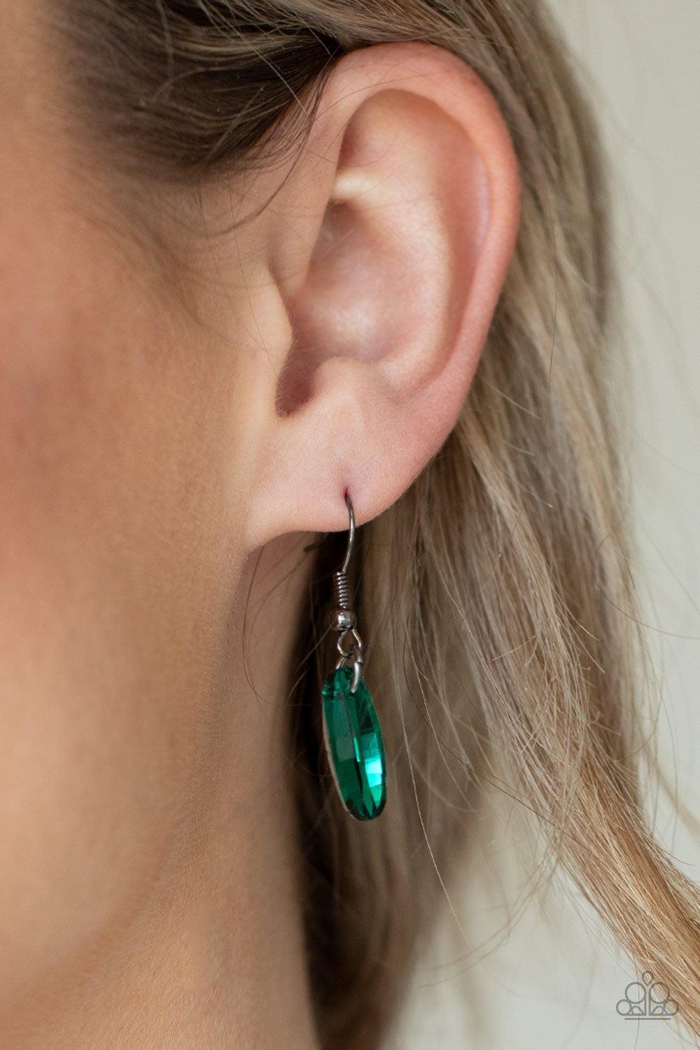 Paparazzi Accessories Meteor Shower - Green Featuring a metallic back, a glittery green swings from the bottom of a lengthened gunmetal popcorn chain for an edgy look. Features an adjustable clasp closure. Sold as one individual necklace. Includes one pai