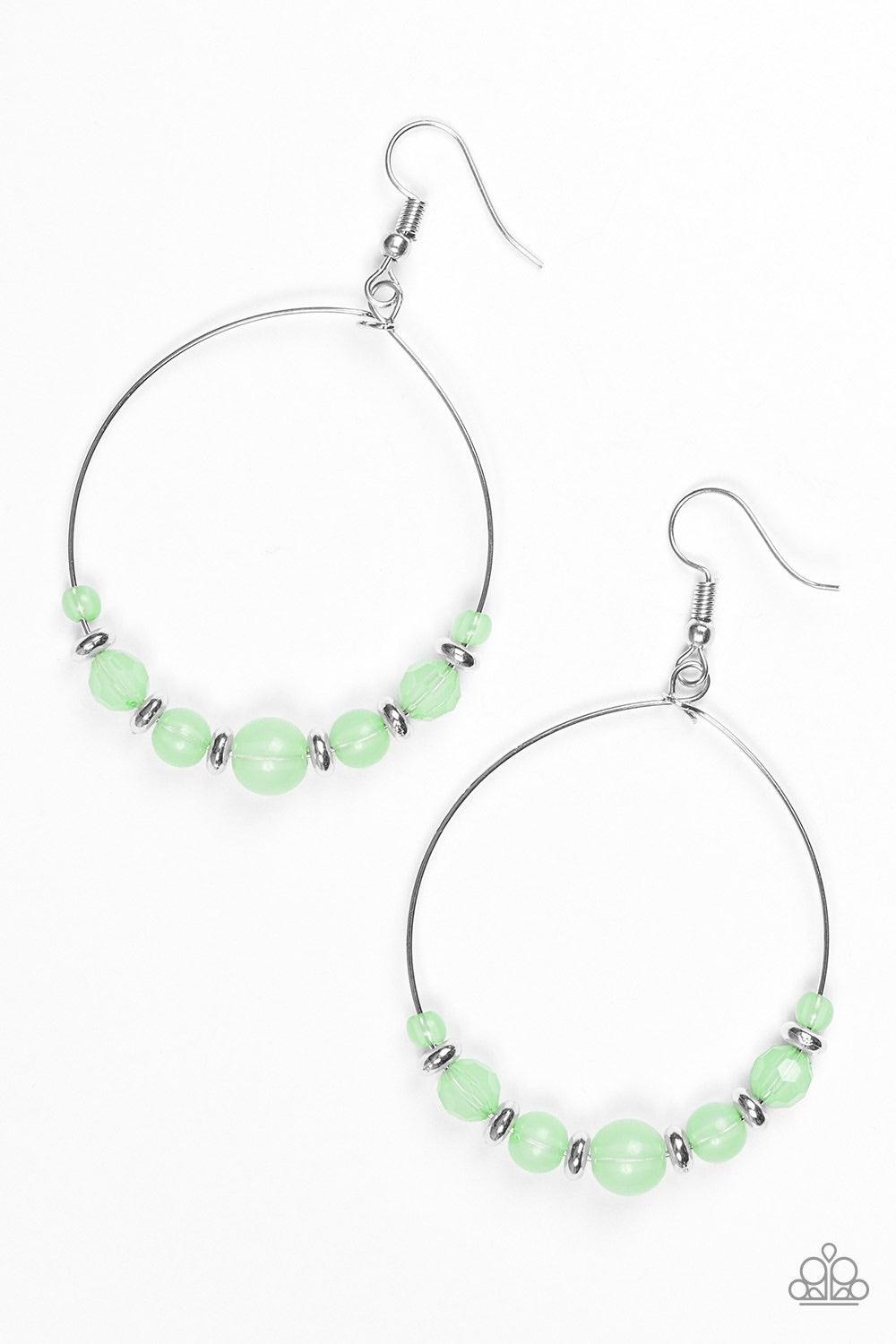 Paparazzi Accessories Going For GLOW - Green Featuring an opaque finish, faceted and smooth green beads join shimmery silver accents along a silver hoop for a whimsical look. Earring attaches to a standard fishhook fitting. Jewelry
