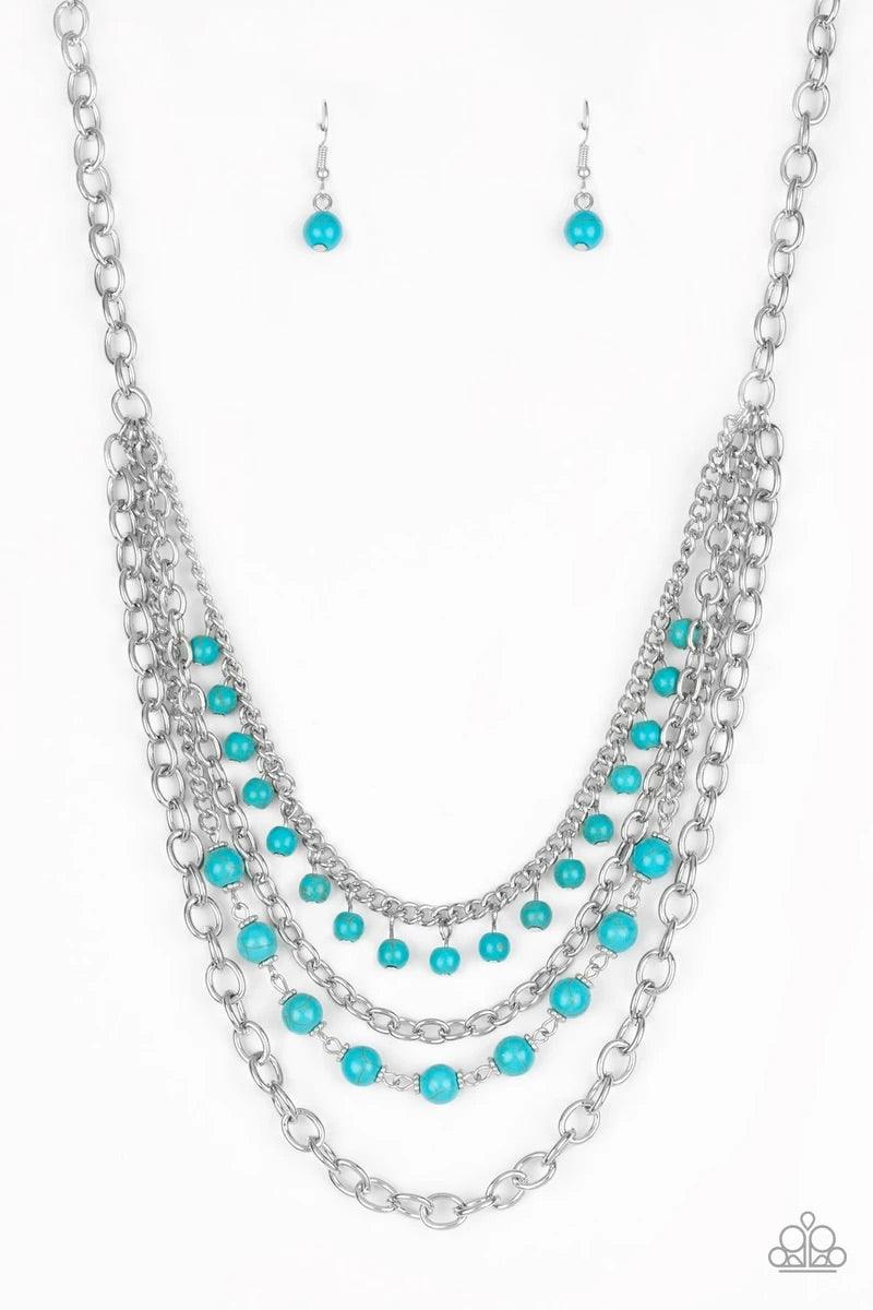 Paparazzi Accessories Ground Forces - Blue Featuring refreshing turquoise stone accents, mismatched silver chains layer below the collar for a seasonal look. Features an adjustable clasp closure. Sold as one individual necklace. Includes one pair of match