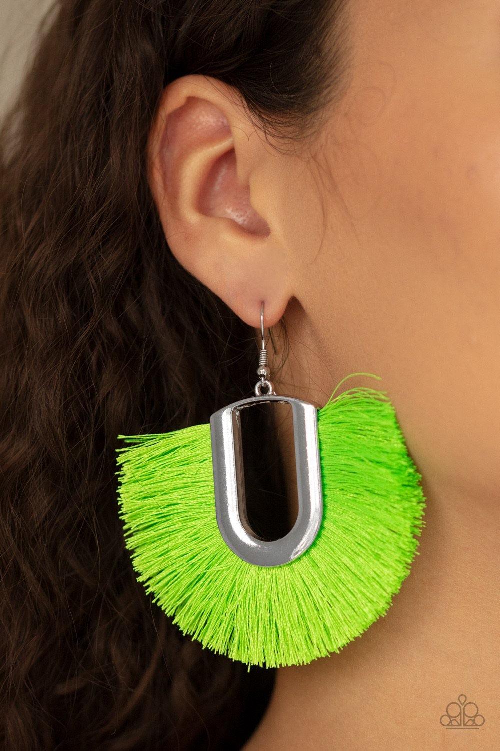 Paparazzi Accessories Tassel Tropicana - Green Tassel Tropicana Green – Paparazzi Earrings. Neon green thread fans out from a striking silver fitting, creating a vivacious fringe Jewelry