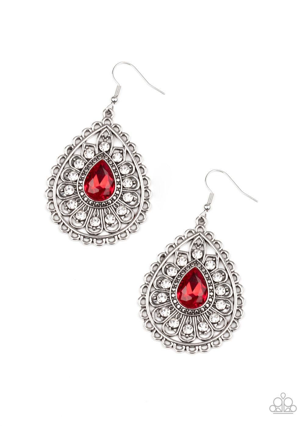 Paparazzi Accessories Eat, Drink, and BEAM Merry - Red White rhinestone dotted silver petals flare out from a red teardrop rhinestone center, coalescing into a frilly frame. Earring attaches to a standard fishhook fitting. Sold as one pair of earrings. Je