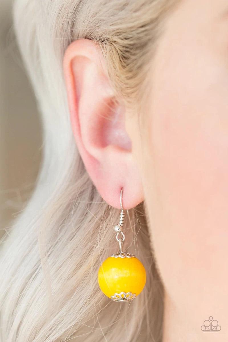 Paparazzi Accessories Oh My Miami - Yellow Brown wooden beads are threaded along shiny brown cording. Brushed in a vivacious finish, dramatic yellow wooden beads alternate below the collar for a bold summer look. Features a button loop closure. Sold as on