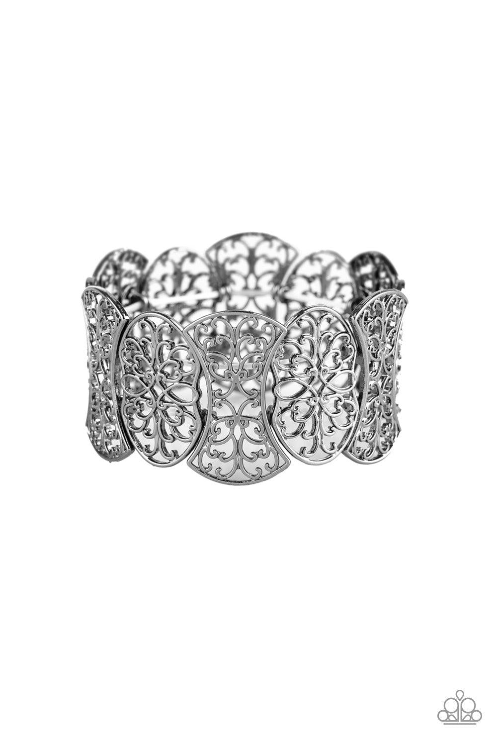 Paparazzi Accessories Fancy Fashionista - Black Filled with filigree details, a collection of gunmetal frames are threaded along stretchy bands around the wrist for a whimsical look. Jewelry