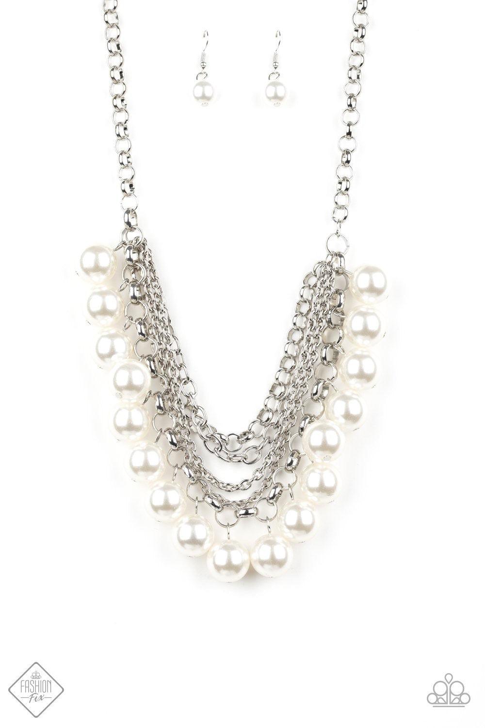 Paparazzi Accessories One-Way Wallstreet - White A collision of mismatched silver chains layer below the collar. Over sized white pearls dangle from the lowermost chain, creating a dramatically refined fringe for a statement-making finish. Features an adj