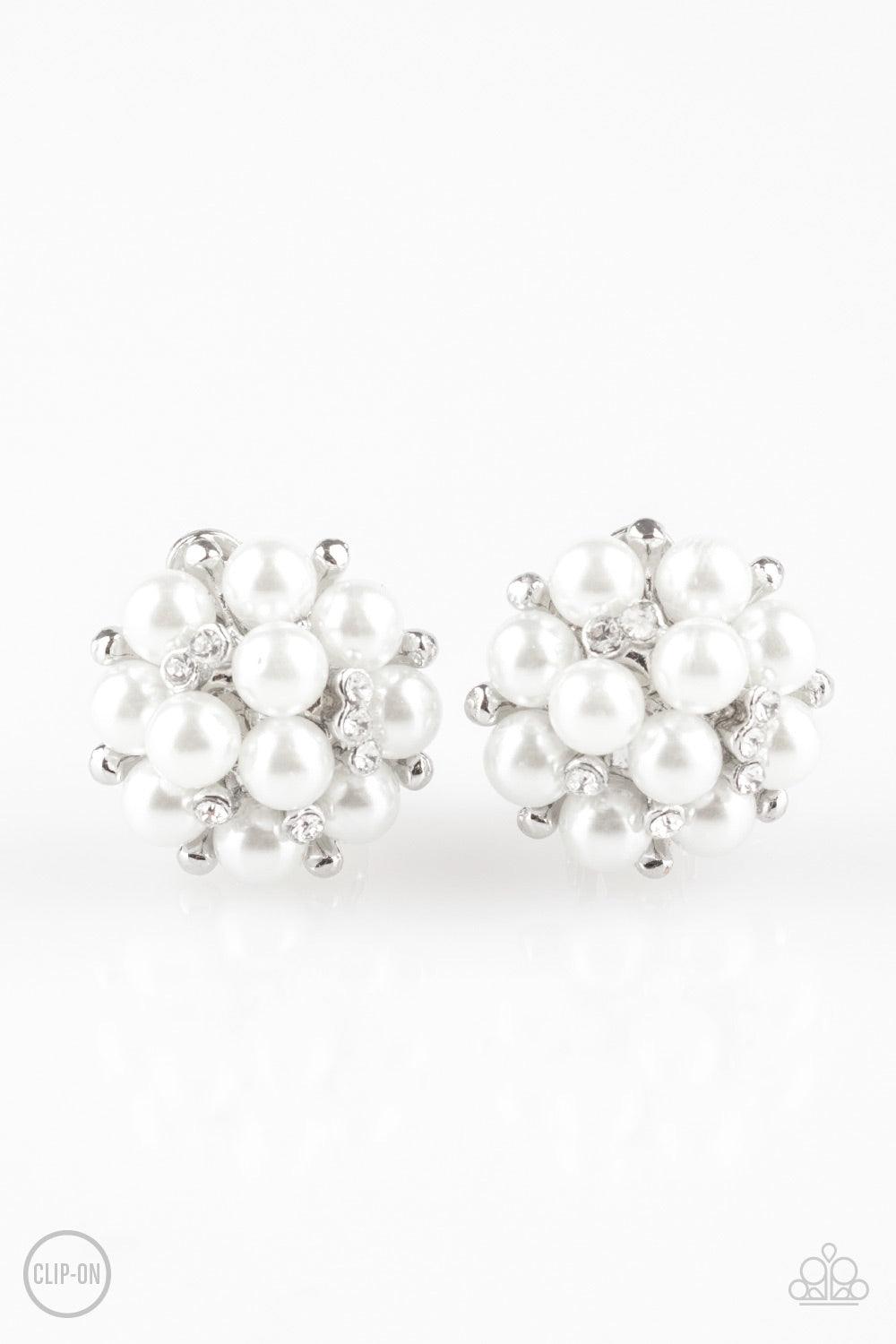 Paparazzi Accessories Par Pearl - White *Clip-On Dainty white pearls and glassy white rhinestones coalesce into a bubbly frame for a timeless look. Earring attaches to a standard clip-on earring. Jewelry