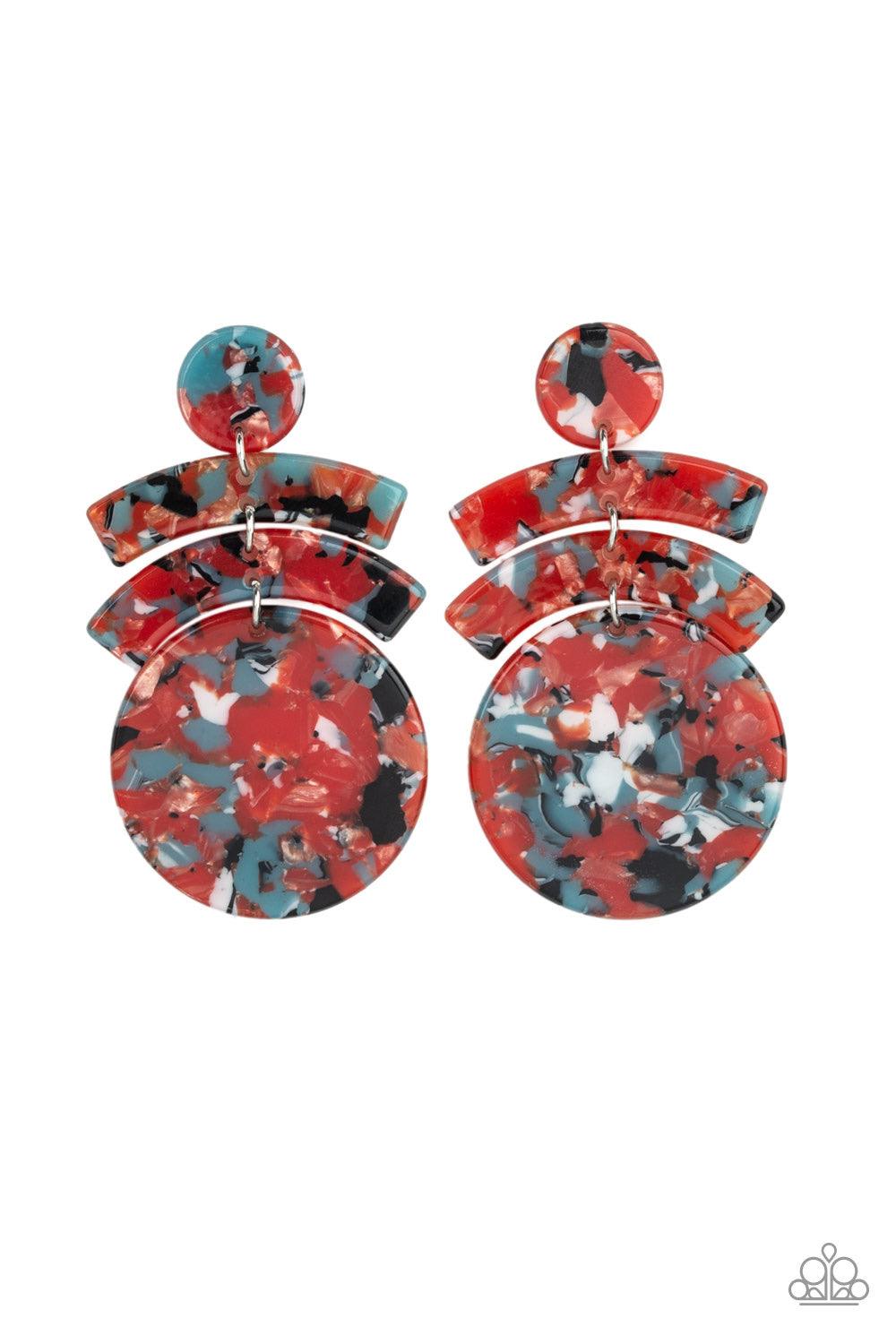 Paparazzi Accessories In The HAUTE Seat - Orange Featuring a faux-marble finish, shiny acrylic frames link into an abstract lure for a retro look. Earring attaches to a standard post fitting. Color may vary. Jewelry