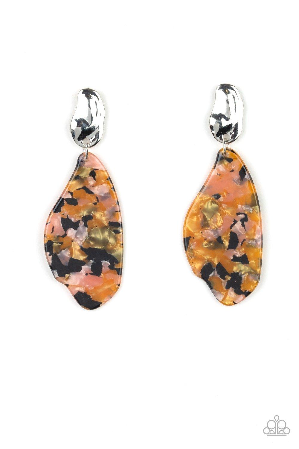 Paparazzi Accessories Fish Out of Water - Multi Featuring a faux marble finish, a colorful acrylic frame swings from the bottom of an abstract silver fitting for a retro vibe. Earring attaches to a standard post fitting. Color may vary.Sold as one pair of