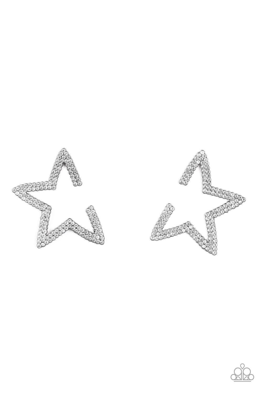 Paparazzi Accessories Star Player - Black Encrusted in two rows of glassy white rhinestones, a gunmetal star frame dots the ear for a stellar shimmer. To flatter the natural contour of the face, one side angle of the star frame is intentionally left open.