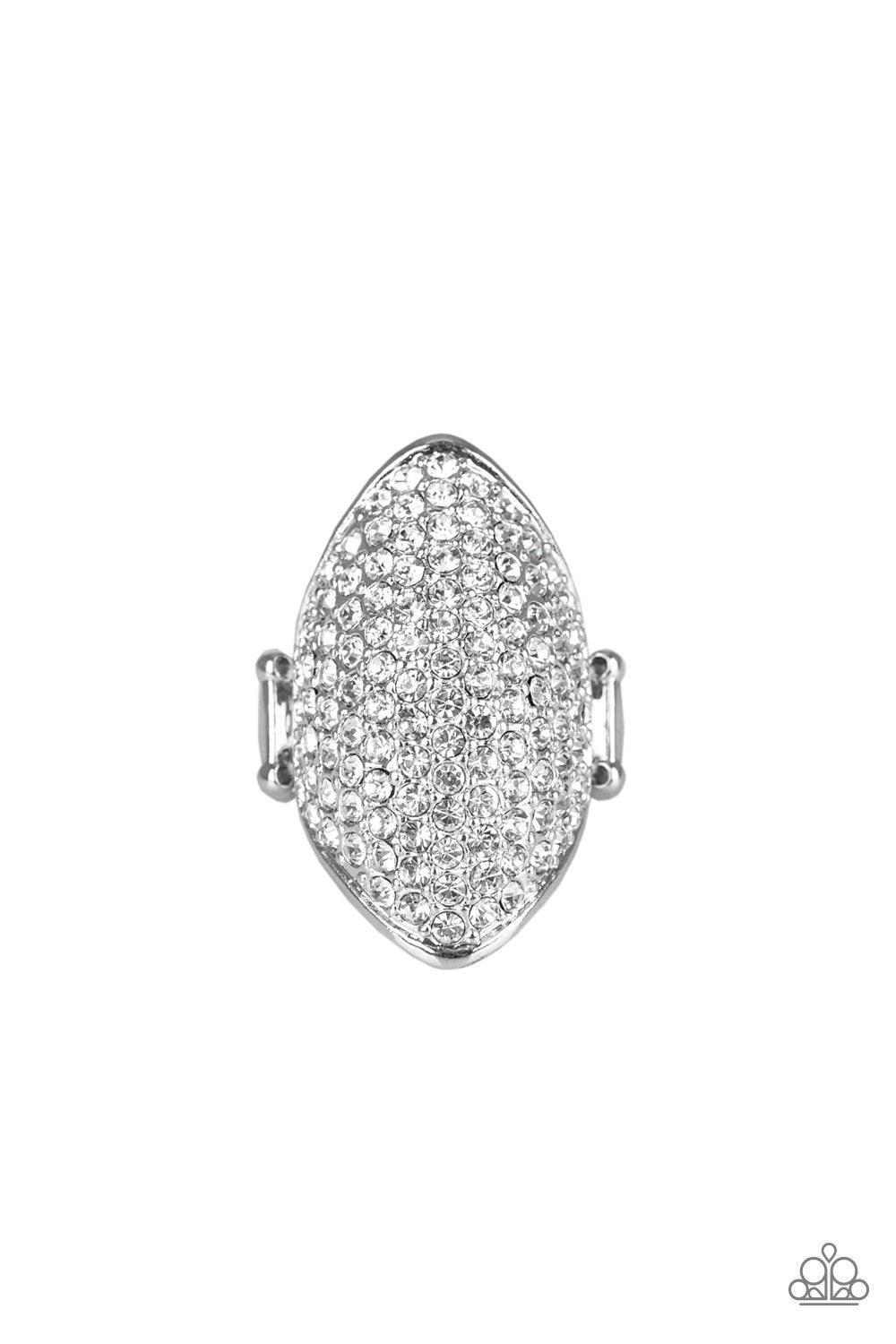 Paparazzi Accessories Shazam! - White Encrusted in row after row of glittery hematite rhinestones, a dramatic silver frame folds around the finger for a statement-making finish. Features a stretchy band for a flexible fit. Jewelry