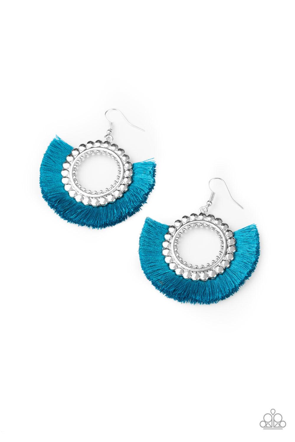 Paparazzi Accessories Fringe Fanatic - Blue Mosaic Blue thread flares out from the bottom of a bubbly silver hoop, creating a vivacious fringe. Earring attaches to a standard fishhook fitting. Sold as one pair of earrings. Jewelry