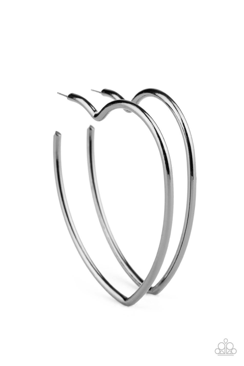 Paparazzi Accessories Heartbreaker Hustle - Black Brushed in a high sheen finish, a glistening gunmetal bar curves into an oversized heart frame for a charming look. Earring attaches to a standard post fitting. Hoop measures approximately 2 3/4" in diamet