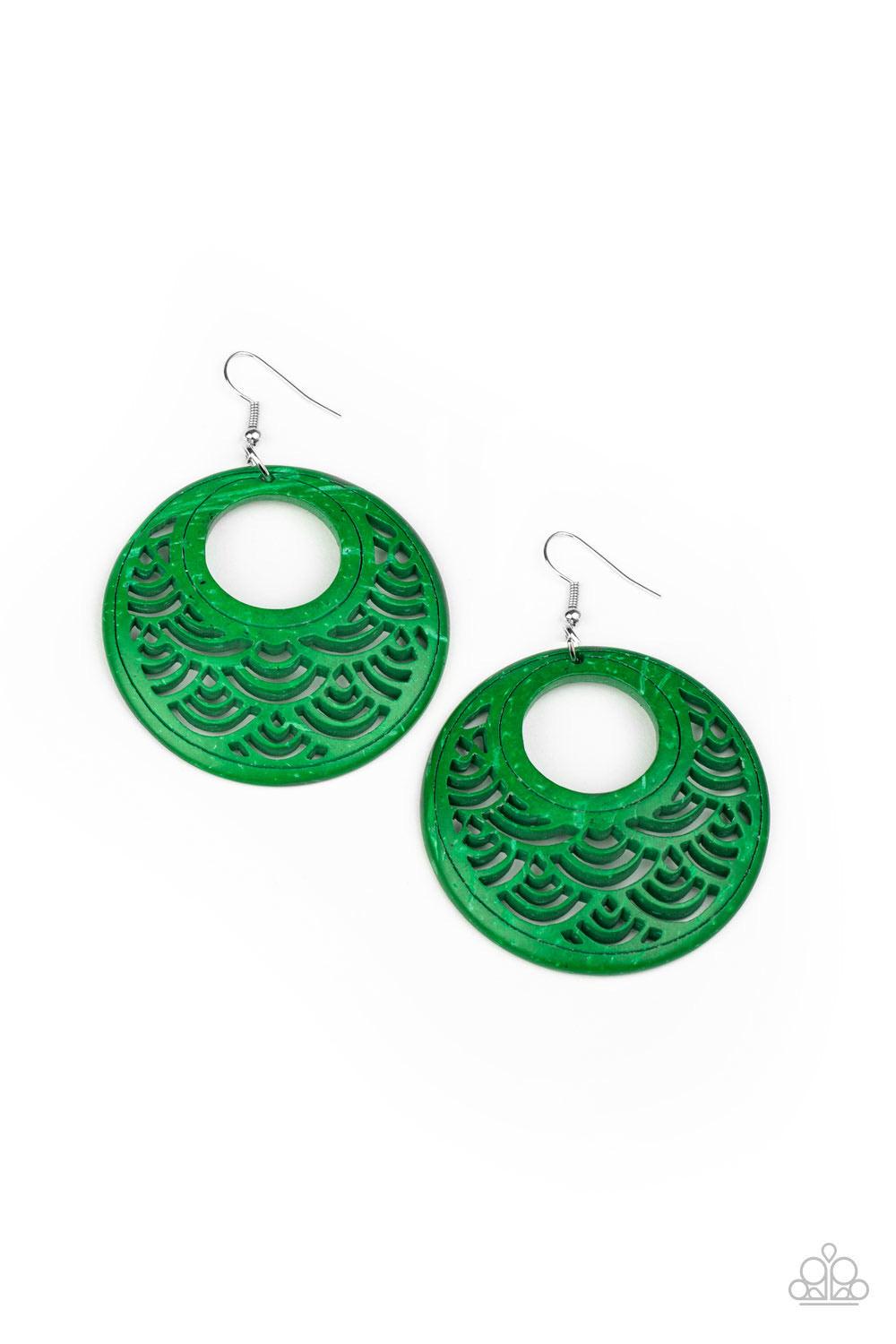 Paparazzi Accessories Tropical Canopy ~Green Brushed in a distressed green finish, a round wooden frame is stenciled into an airy pattern for a seasonal look. Earring attaches to a standard fishhook fitting./P> Sold as one pair of earrings.